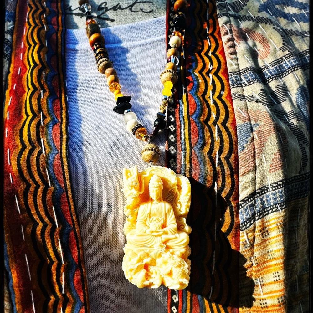 Bohemian Beaded Necklace with Carved Goddess Pendant
